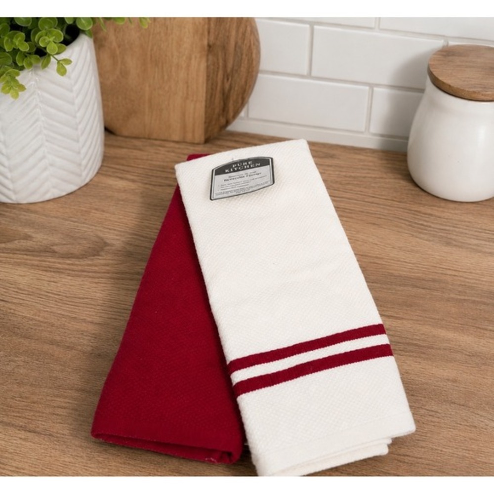 Pure Kitchen 2 Pack Terry Towels Red Cream Striped 100% Cotton Heavyweight 95-10